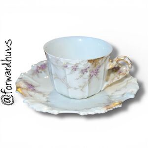 Limoges France Teacup & Saucer – Purple Floral Gold Trim